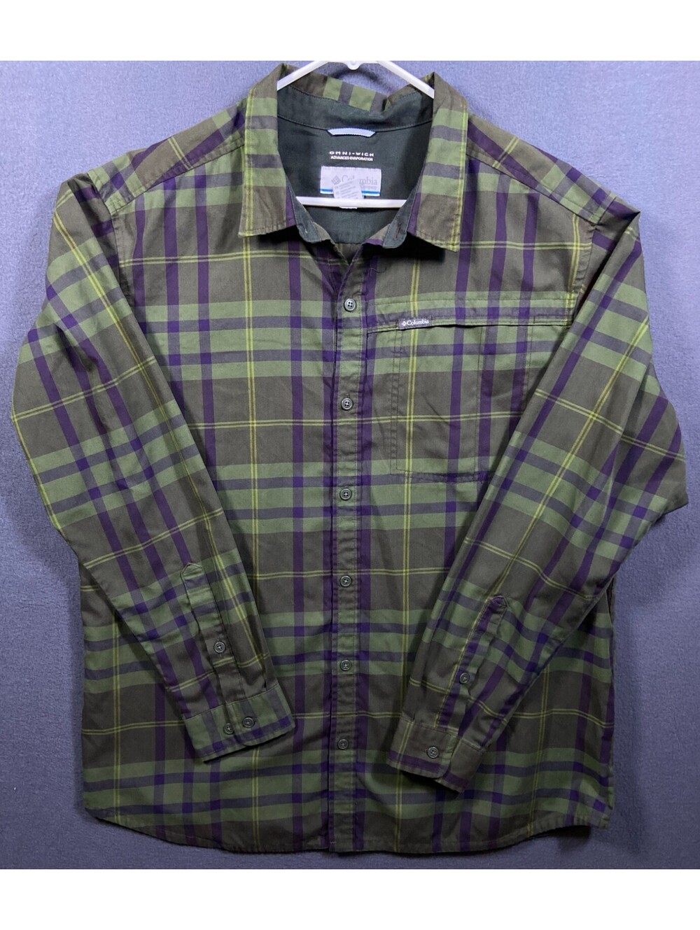 Columbia Shirt Vented Omni-Wick Button Up Mens XL Green Plaid LS Gorpcore Hiking